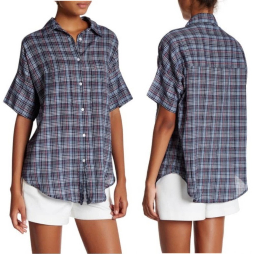 Sundry Shirt Blue Plaid Front Button Short Sleeve Juniors Size 1 New